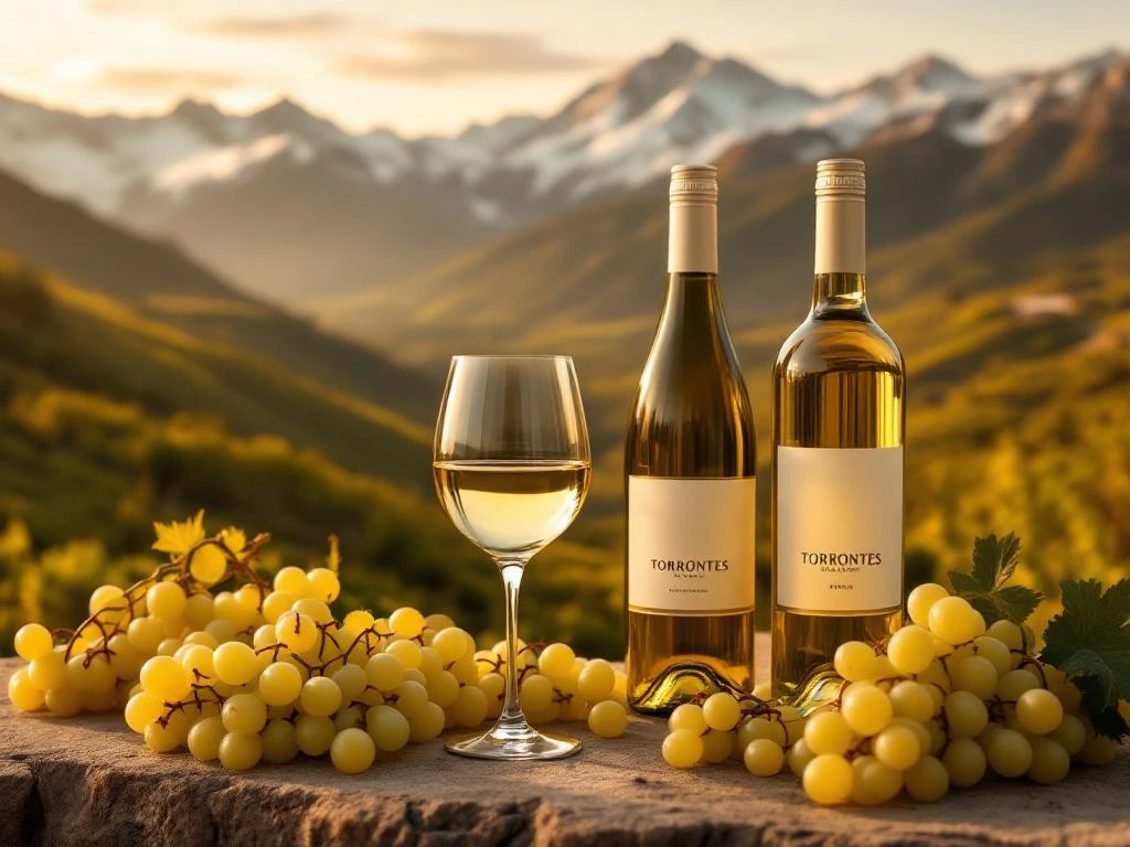 Witte wijnglazen met Argentijnse wijn tegen achtergrond van besneeuwde Andes bergen en gouden wijngaarden