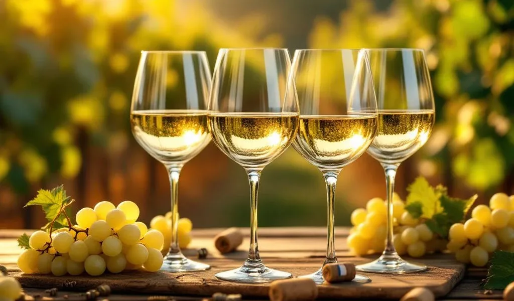 Vijf elegante wijnglazen gevuld met Argentijnse witte wijn op rustieke houten tafel met druiven en kurken