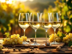 Vijf elegante wijnglazen gevuld met Argentijnse witte wijn op rustieke houten tafel met druiven en kurken