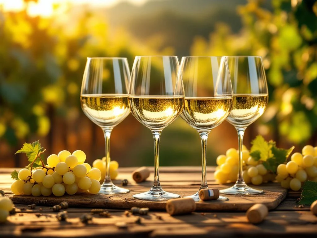 Vijf elegante wijnglazen gevuld met Argentijnse witte wijn op rustieke houten tafel met druiven en kurken