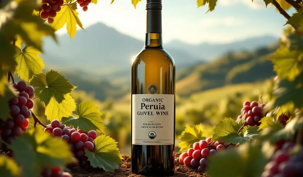 Biologische Peruaanse wijnfles omringd door druiven en wijnstokbladeren met berglandschap op achtergrond