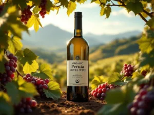 Biologische Peruaanse wijnfles omringd door druiven en wijnstokbladeren met berglandschap op achtergrond