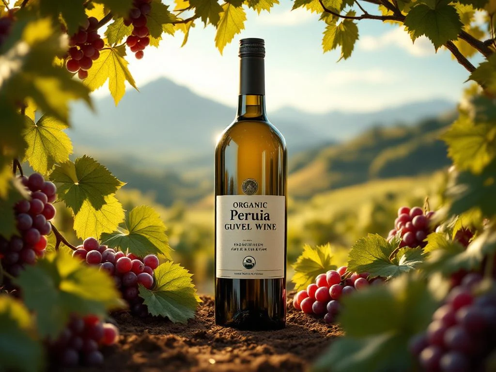 biologische-peruaanse-wijn-druiven-wijngaard.jpg Biologische Peruaanse wijnfles omringd door druiven en wijnstokbladeren met berglandschap op achtergrond