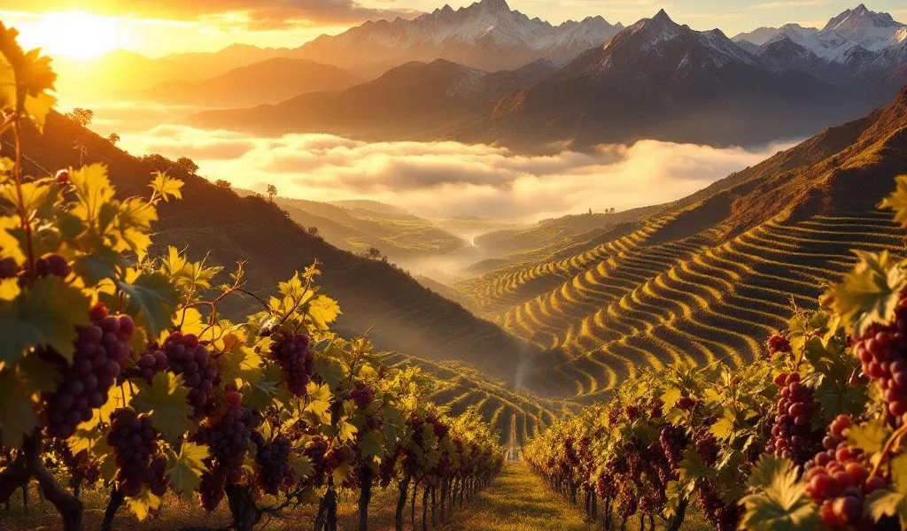 Luchtfoto van terrasvormige wijngaarden in Bolivia's Tarija regio met Andes bergen en rijpe druiven bij zonsondergang