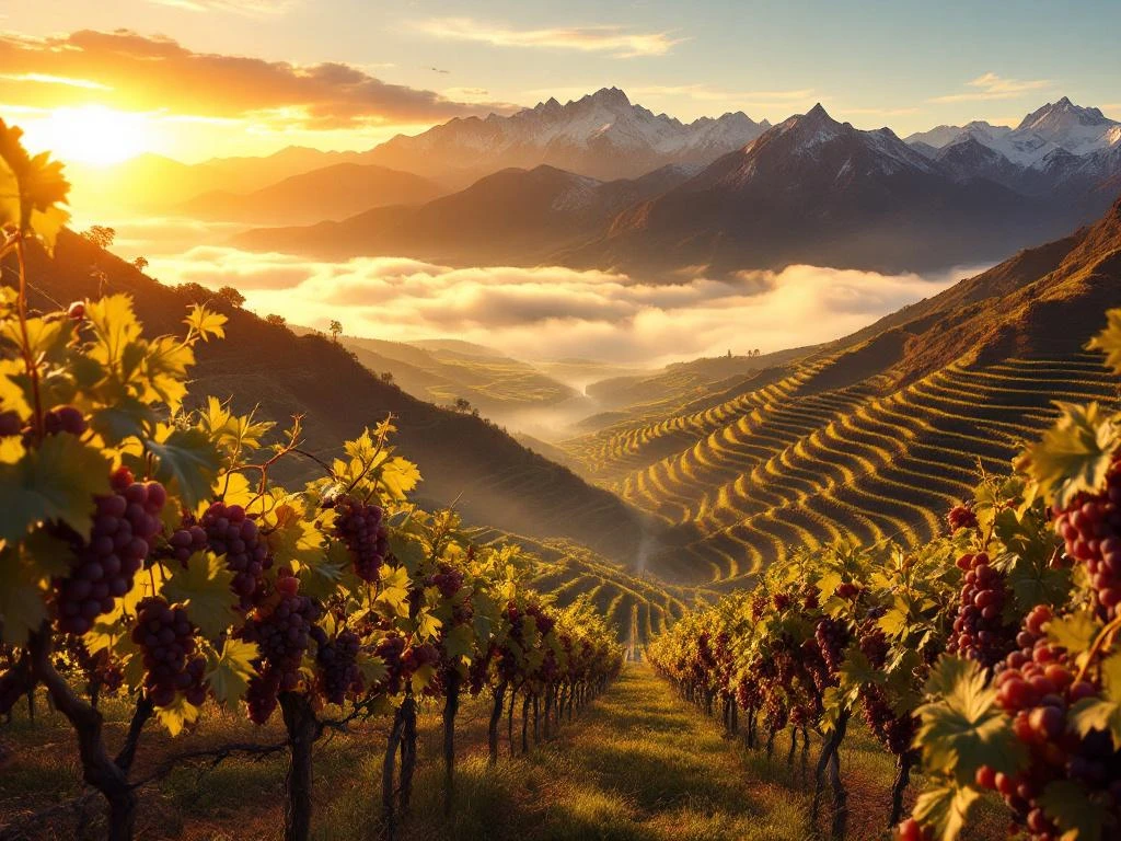 Luchtfoto van terrasvormige wijngaarden in Bolivia's Tarija regio met Andes bergen en rijpe druiven bij zonsondergang