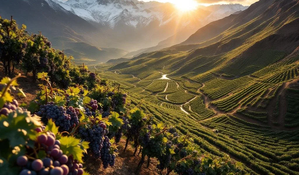 Luchtfoto van Boliviaanse wijngaarden op 3000 meter hoogte in de Andes met druivenrijen en besneeuwde bergtoppen