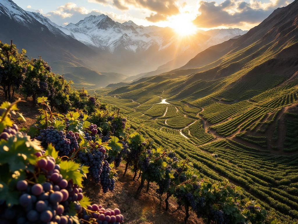 Luchtfoto van Boliviaanse wijngaarden op 3000 meter hoogte in de Andes met druivenrijen en besneeuwde bergtoppen