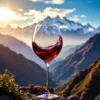 Malbec wijn in glas tegen Boliviaanse hooggebergte wijngaarden met besneeuwde Andes pieken op de achtergrond