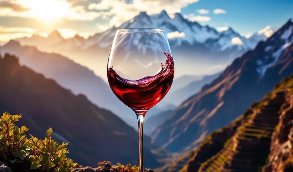 Malbec wijn in glas tegen Boliviaanse hooggebergte wijngaarden met besneeuwde Andes pieken op de achtergrond