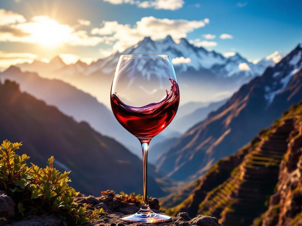 boliviaanse-malbec-wijn-hooggebergte-wijngaard.jpg Malbec wijn in glas tegen Boliviaanse hooggebergte wijngaarden met besneeuwde Andes pieken op de achtergrond