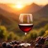 Glas Boliviaanse Malbec wijn in close-up met wijngaard en bergen op achtergrond bij zonsondergang