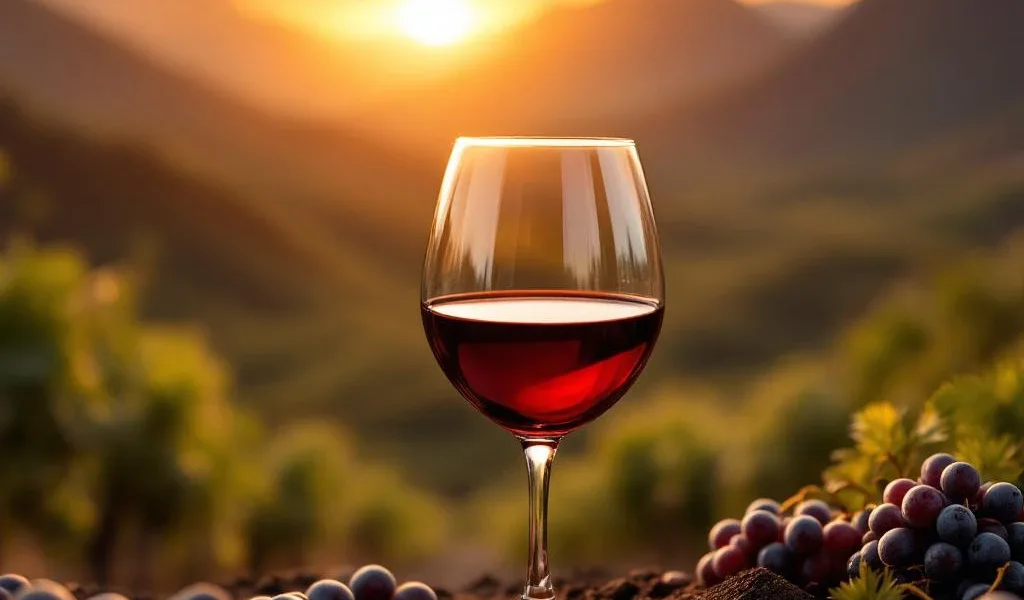 Glas Boliviaanse Malbec wijn in close-up met wijngaard en bergen op achtergrond bij zonsondergang