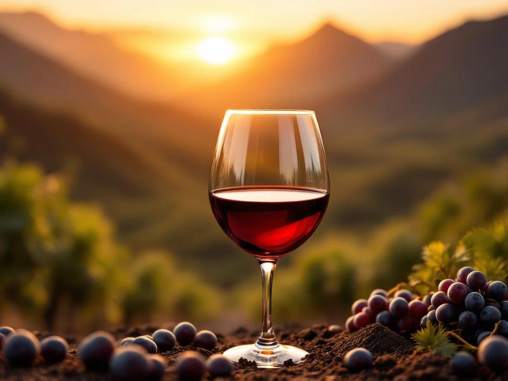 boliviaanse-malbec-wijn-glas-wijngaard-landschap.jpg Glas Boliviaanse Malbec wijn in close-up met wijngaard en bergen op achtergrond bij zonsondergang