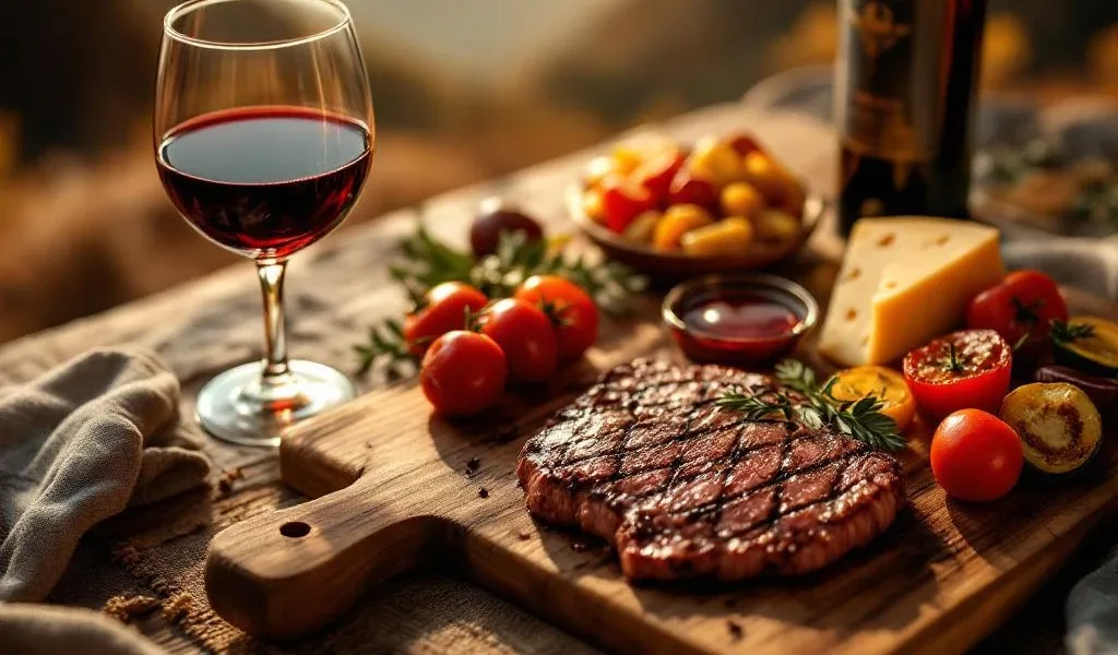 Glas Boliviaanse rode wijn naast gegrilde biefstuk, kaas en geroosterde groenten op houten snijplank