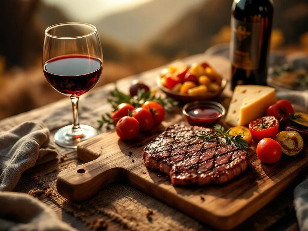 Glas Boliviaanse rode wijn naast gegrilde biefstuk, kaas en geroosterde groenten op houten snijplank