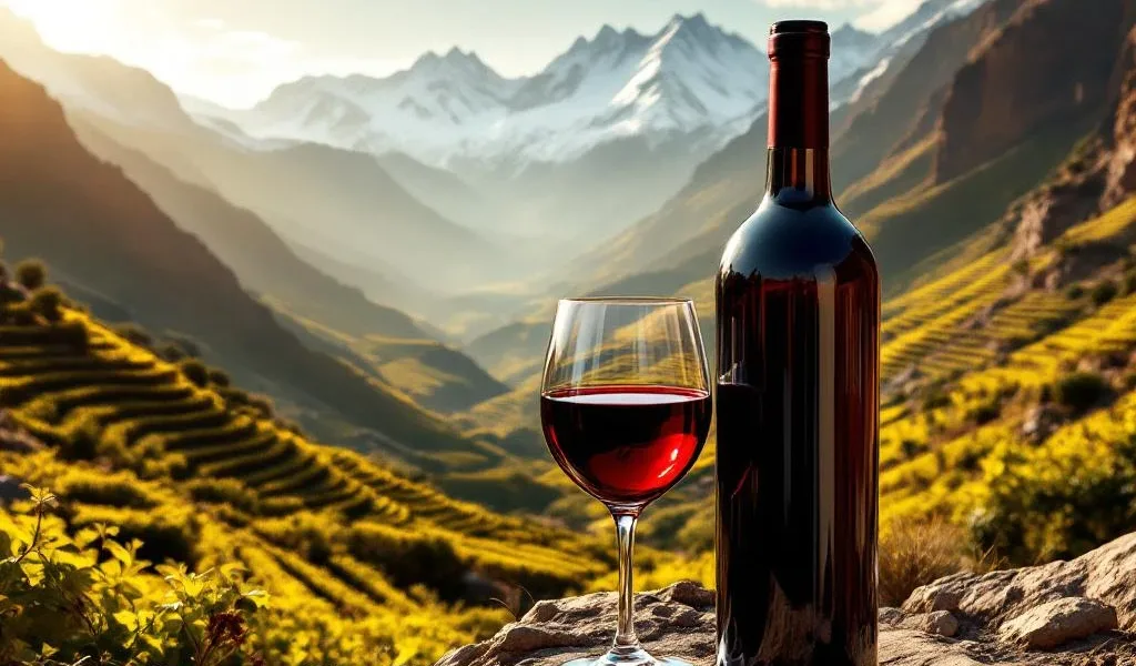 Rode wijn en fles tegen Boliviaanse Andes met terrasvormige wijngaarden op extreme hoogte, besneeuwde toppen op achtergrond