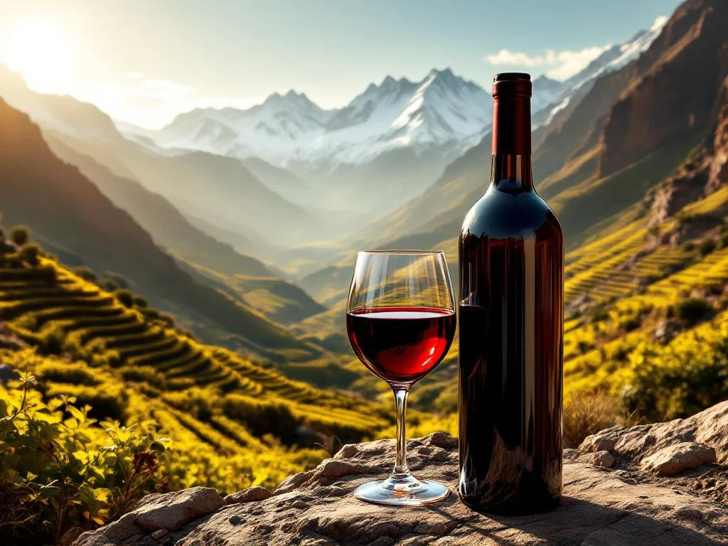 Rode wijn en fles tegen Boliviaanse Andes met terrasvormige wijngaarden op extreme hoogte, besneeuwde toppen op achtergrond