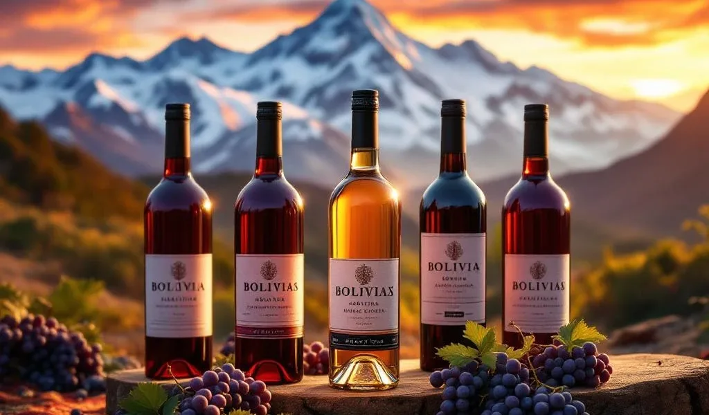 Vijf elegante wijnflessen op houten planken met druiventrossen tegen besneeuwde Boliviaanse Andes bij zonsondergang