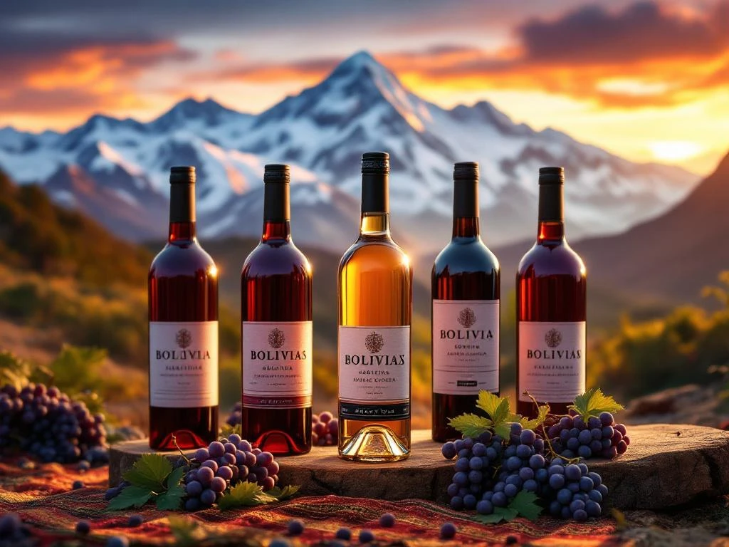 Vijf elegante wijnflessen op houten planken met druiventrossen tegen besneeuwde Boliviaanse Andes bij zonsondergang