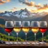 Vijf wijnglazen met Boliviaanse wijnen voor besneeuwde Andes bergen en groene wijngaardterrassen bij zonsondergang