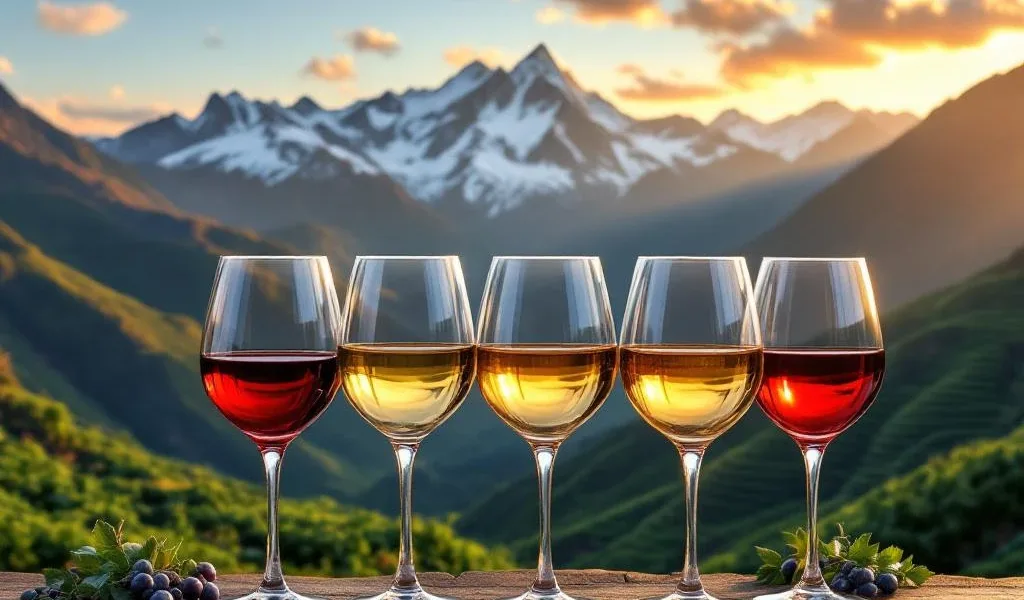 Vijf wijnglazen met Boliviaanse wijnen voor besneeuwde Andes bergen en groene wijngaardterrassen bij zonsondergang