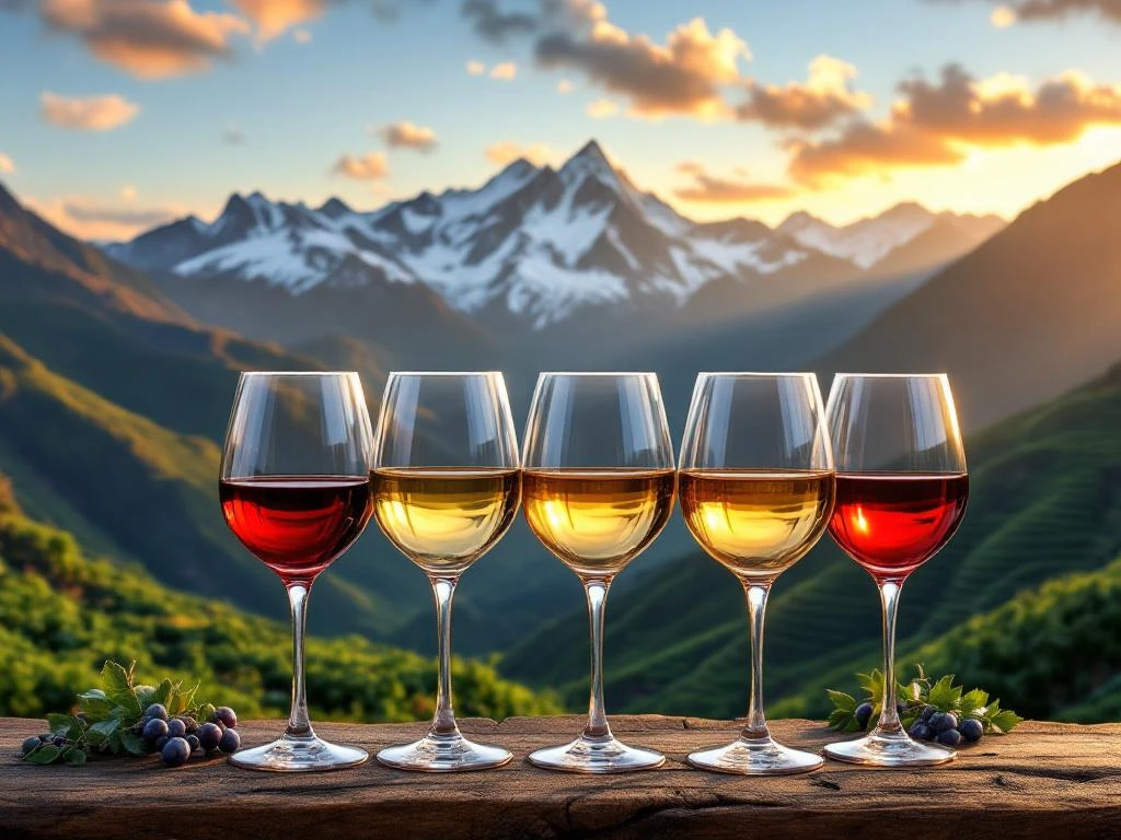 Vijf wijnglazen met Boliviaanse wijnen voor besneeuwde Andes bergen en groene wijngaardterrassen bij zonsondergang