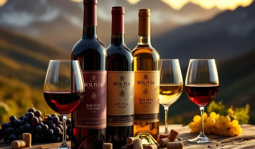 Boliviaanse wijnflessen op rustiek hout met wijnglazen en druiven, Andes bergen op achtergrond