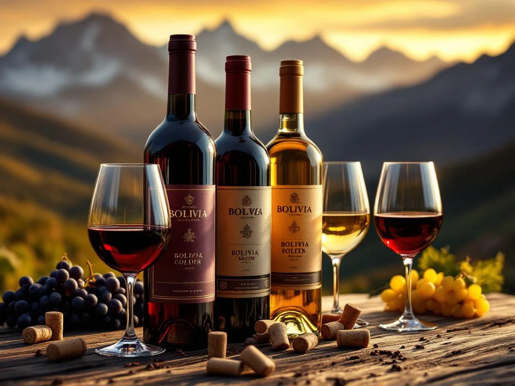 Boliviaanse wijnflessen op rustiek hout met wijnglazen en druiven, Andes bergen op achtergrond