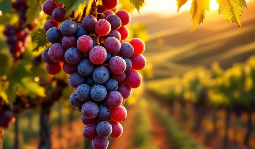Rijpe Braziliaanse druiventrossen in paars en goud hangend aan wijnstokken in Zuid-Amerikaanse wijngaard bij zonsondergang