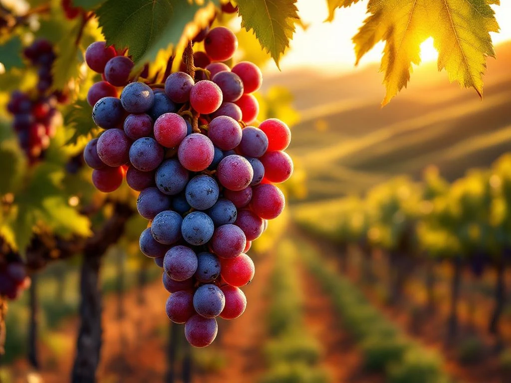 Rijpe Braziliaanse druiventrossen in paars en goud hangend aan wijnstokken in Zuid-Amerikaanse wijngaard bij zonsondergang