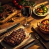 Glas Braziliaanse rode wijn met gegrilde picanha steak, feijoada in kleipot en groenten op houten tafel, bovenaanzicht