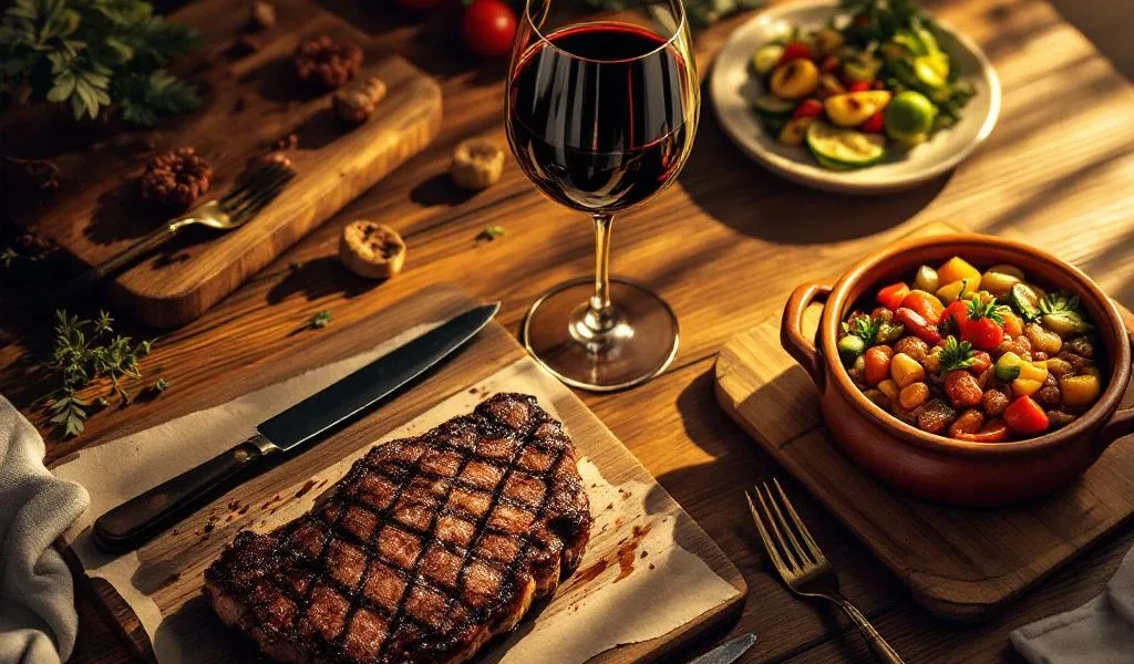 Glas Braziliaanse rode wijn met gegrilde picanha steak, feijoada in kleipot en groenten op houten tafel, bovenaanzicht