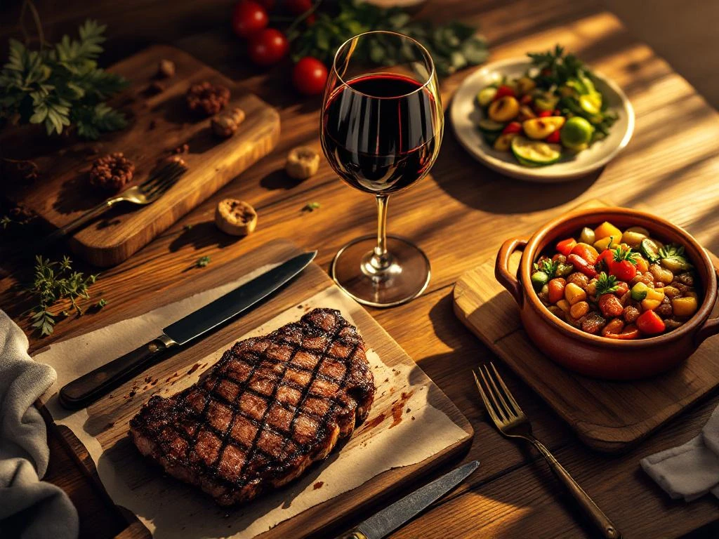 Glas Braziliaanse rode wijn met gegrilde picanha steak, feijoada in kleipot en groenten op houten tafel, bovenaanzicht