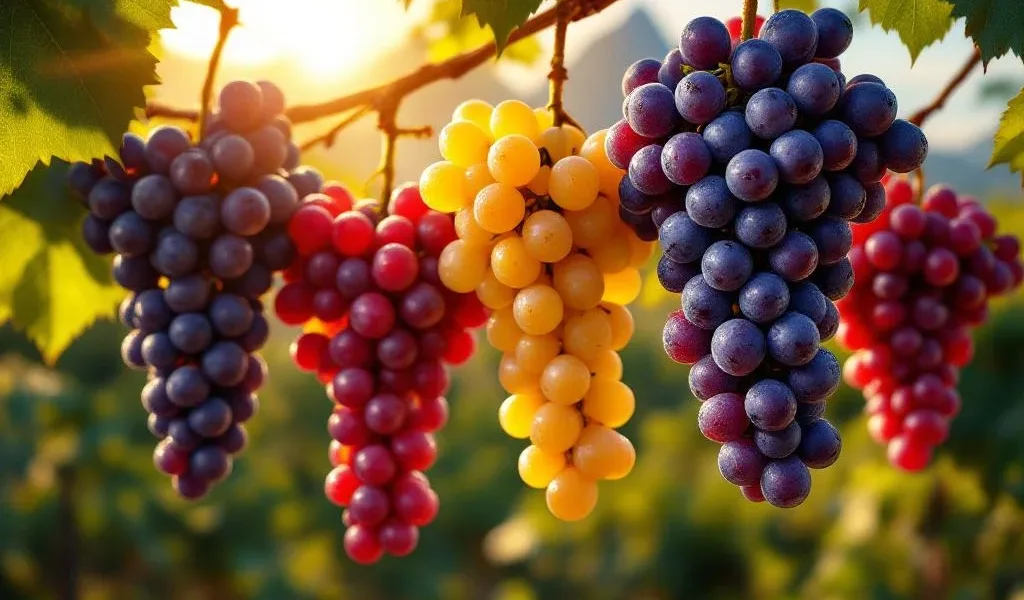 Braziliaanse wijndruiven in paarse, gouden en robijnrode kleuren hangen aan wijnstokken met Suikerbroodberg op achtergrond
