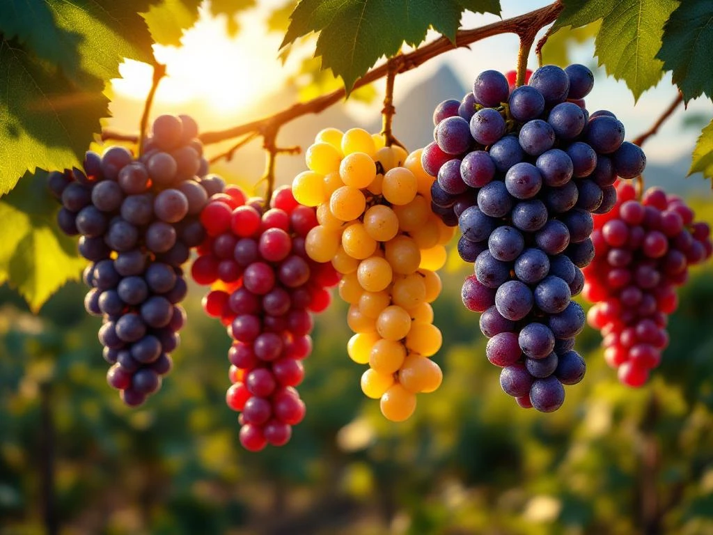 Braziliaanse wijndruiven in paarse, gouden en robijnrode kleuren hangen aan wijnstokken met Suikerbroodberg op achtergrond