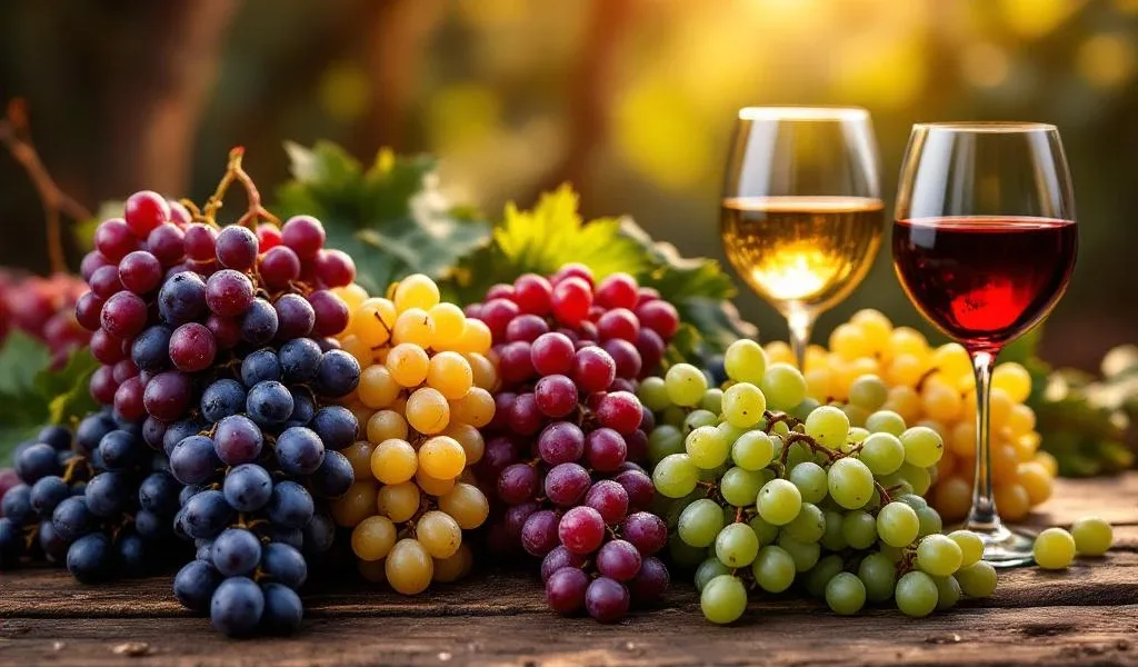 Zes Braziliaanse druivensoorten artistiek gerangschikt op rustiek hout met wijnglazen in warm gouden licht