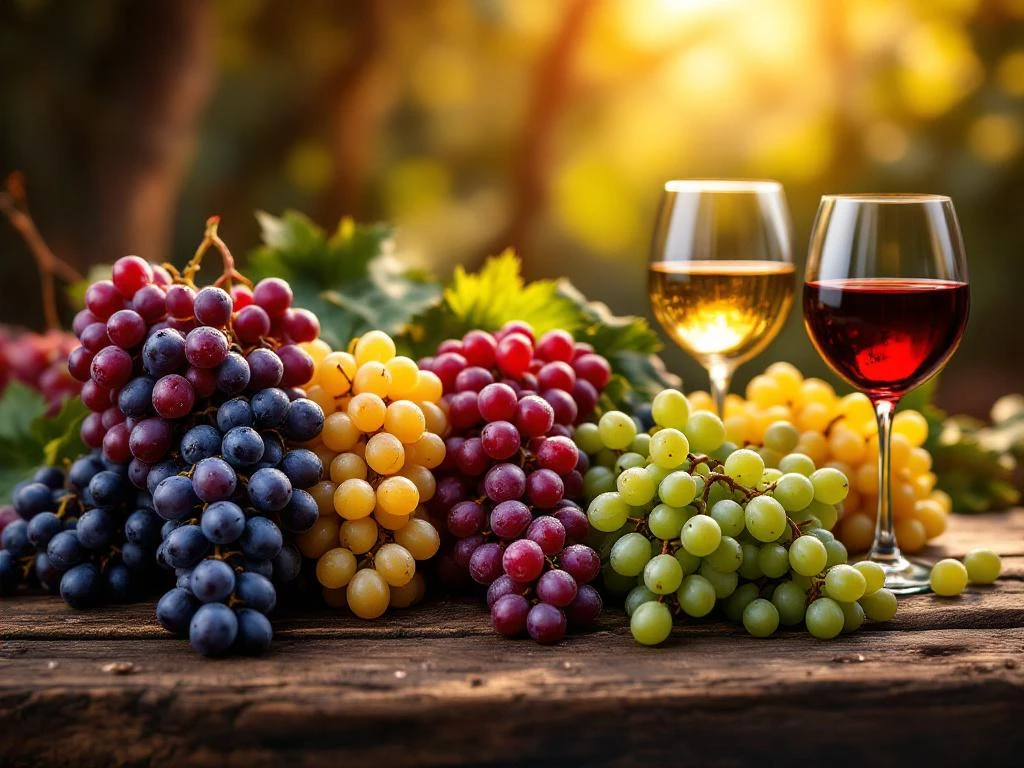 Zes Braziliaanse druivensoorten artistiek gerangschikt op rustiek hout met wijnglazen in warm gouden licht