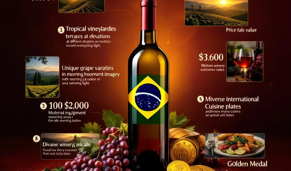 Braziliaanse wijnfles met vlagkleuren omringd door wijngaardterrassen, druivenrassen, prijskaartjes en gouden medailles