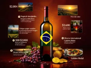 Braziliaanse wijnfles met vlagkleuren omringd door wijngaardterrassen, druivenrassen, prijskaartjes en gouden medailles