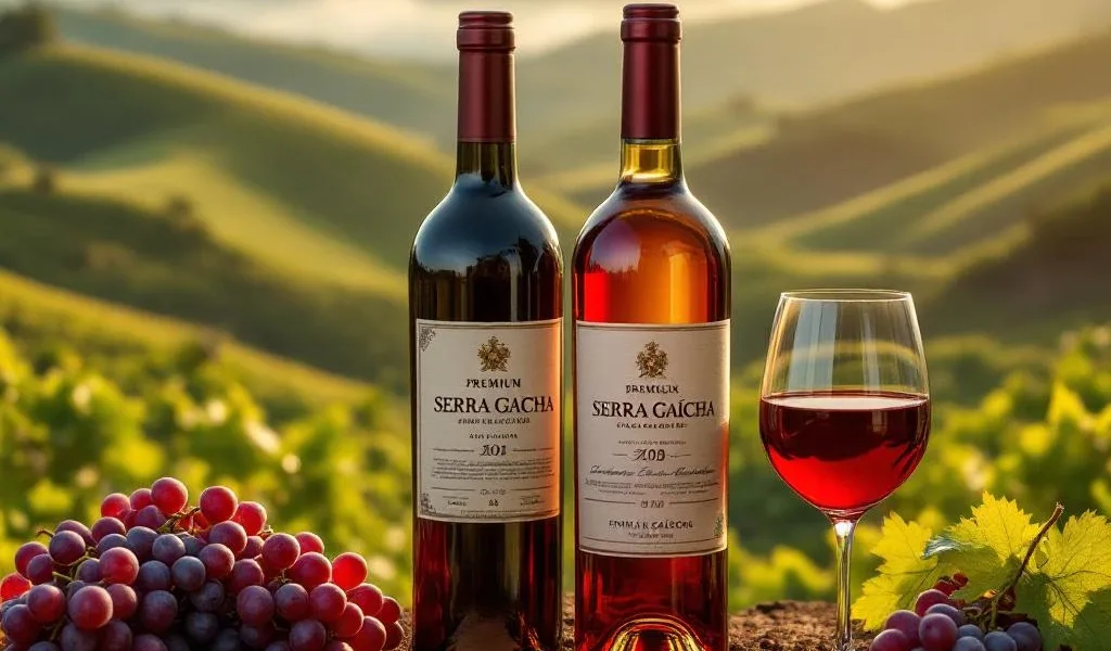 Premium Braziliaanse wijnflessen uit Serra Gaúcha met rode en witte wijnglazen tegen wijngaard achtergrond bij zonsondergang