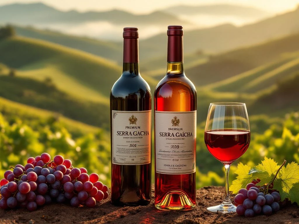 Premium Braziliaanse wijnflessen uit Serra Gaúcha met rode en witte wijnglazen tegen wijngaard achtergrond bij zonsondergang
