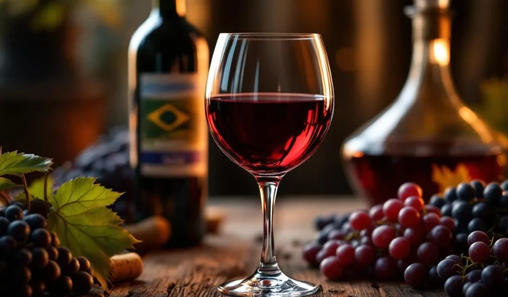 Elegant wijnglas gevuld met dieprode Braziliaanse wijn op rustieke houten tafel met warme verlichting en druiven