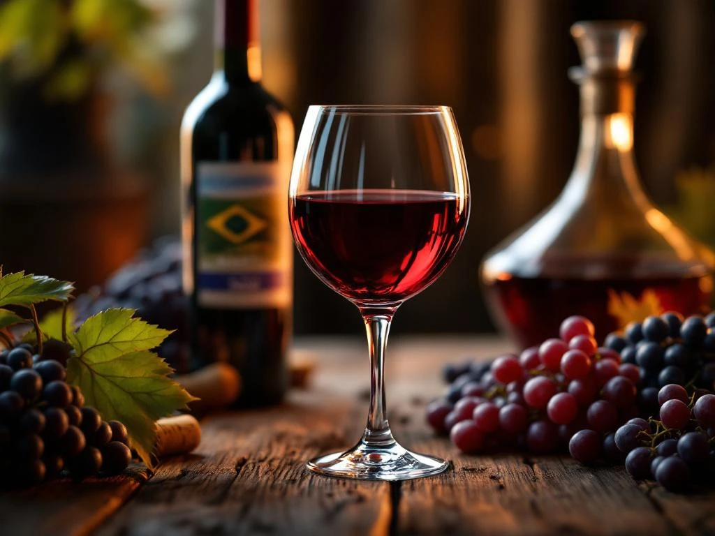 Elegant wijnglas gevuld met dieprode Braziliaanse wijn op rustieke houten tafel met warme verlichting en druiven