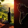 Braziliaanse wijngaarden met rode grond en druiventrossen naast kaart van Zuid-Amerika met wijnflessen uit verschillende landen