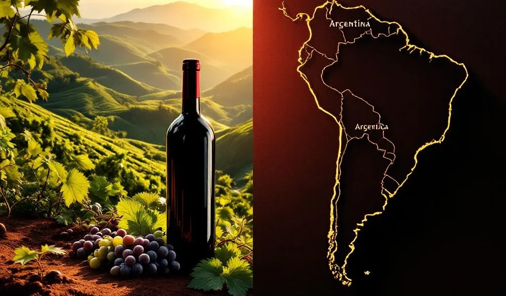 Braziliaanse wijngaarden met rode grond en druiventrossen naast kaart van Zuid-Amerika met wijnflessen uit verschillende landen