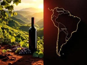 braziliaanse-wijn-terroir-zuid-amerika-vergelijking.jpg Braziliaanse wijngaarden met rode grond en druiventrossen naast kaart van Zuid-Amerika met wijnflessen uit verschillende landen