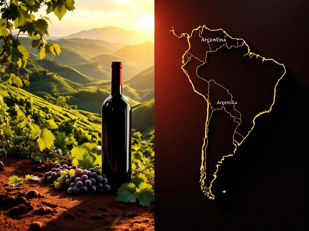 Braziliaanse wijngaarden met rode grond en druiventrossen naast kaart van Zuid-Amerika met wijnflessen uit verschillende landen