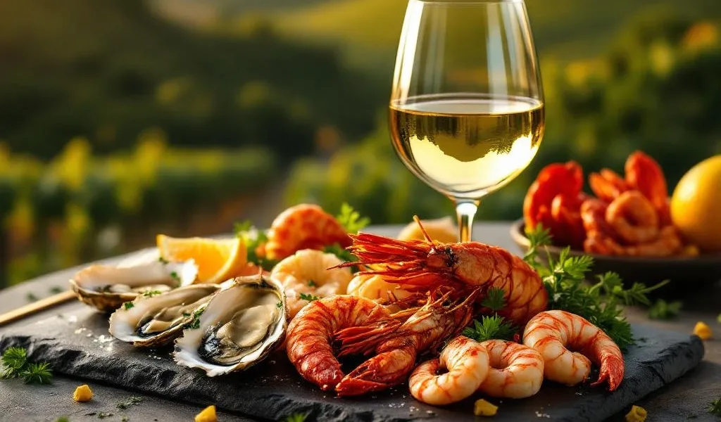 Glas witte Braziliaanse wijn naast luxe zeevruchtenplateau met oesters, garnalen en kreeft op donkere leisteen