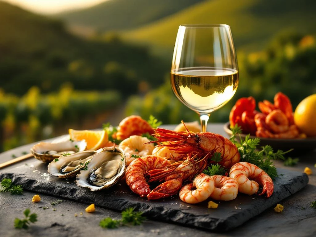 braziliaanse-witte-wijn-zeevruchten-plankje.jpg Glas witte Braziliaanse wijn naast luxe zeevruchtenplateau met oesters, garnalen en kreeft op donkere leisteen
