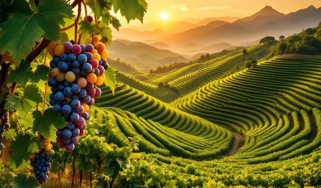 Luchtfoto van Braziliaanse wijngaardterrassen in Vale dos Vinhedos bij zonsondergang met rijpe druiventrossen